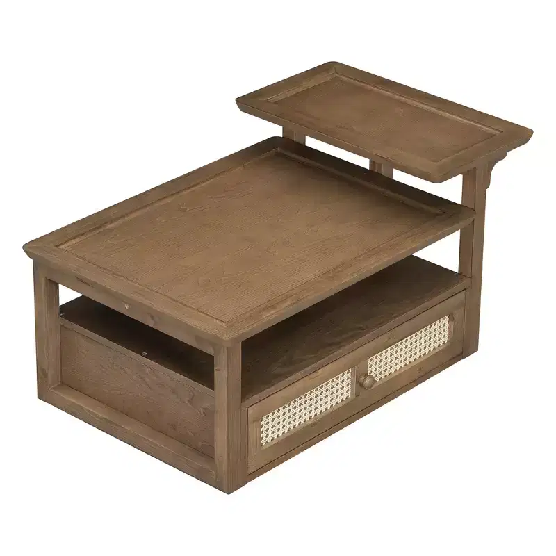 Modern Coffee Table with Storage Shelf, Double-layer Tabletops & Rattan Drawer for Living Room