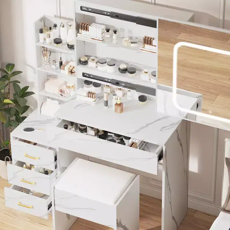 Vanity Desk with LED Lights, Makeup Vanity Desk with Sliding Mirror, Dressing Table with Drawers