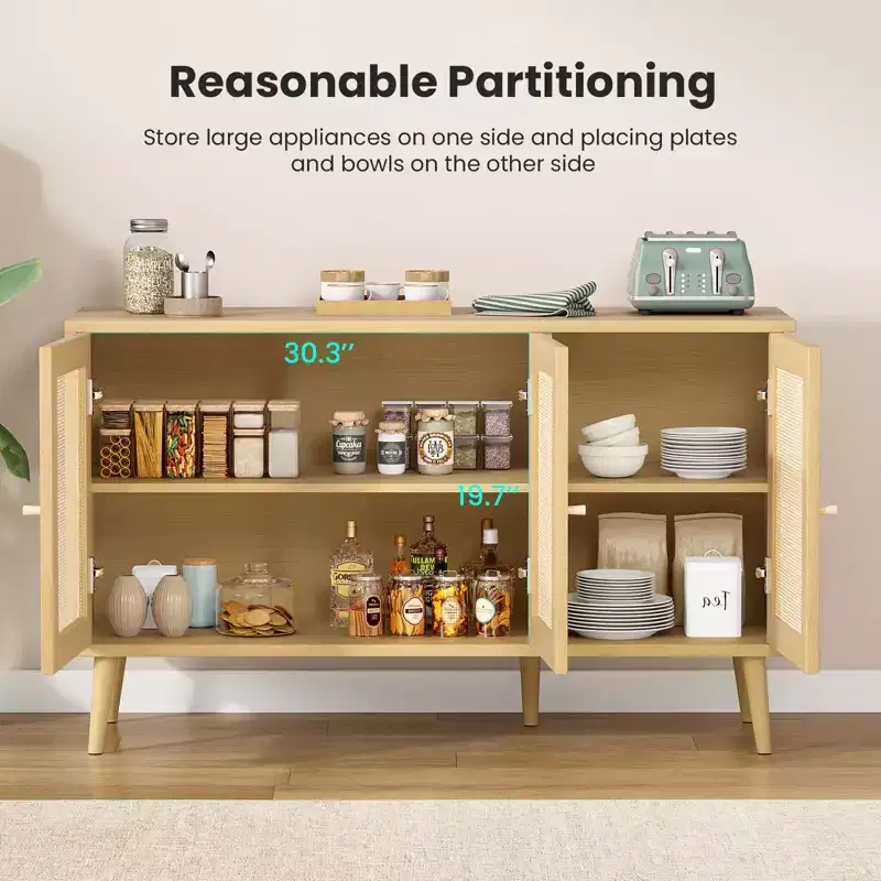 PexFix Sideboard Buffet Cabinet Kitchen Cabinet with 3 Rattan Doors and Adjustable Shelves