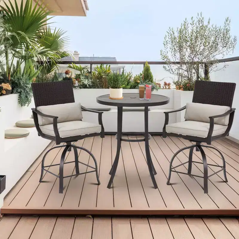 EROMMY 3 Piece Outdoor Patio Set, High Top Patio Bar Set With Round Table (1.96'' Umbrella Hole) And 2 Swivel Dining Chairs With Lumbar Pillow