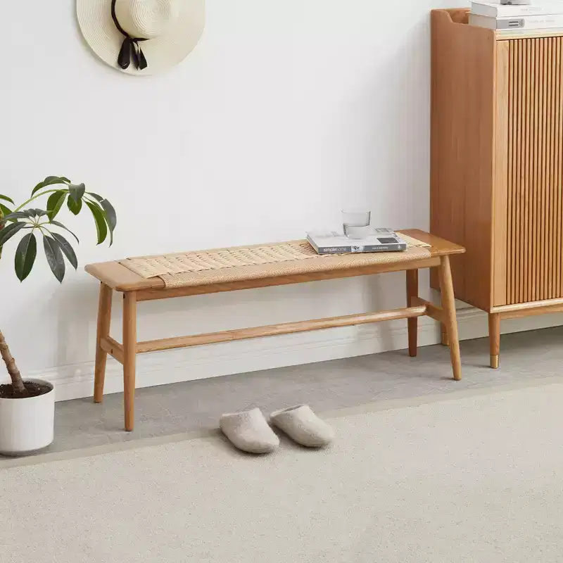 Oak Wood Dining Bench, Durable Wood with Hand-Woven Seat, Brown, One Size, for Dining Room, Bedroom, Entryway, or Bathroom