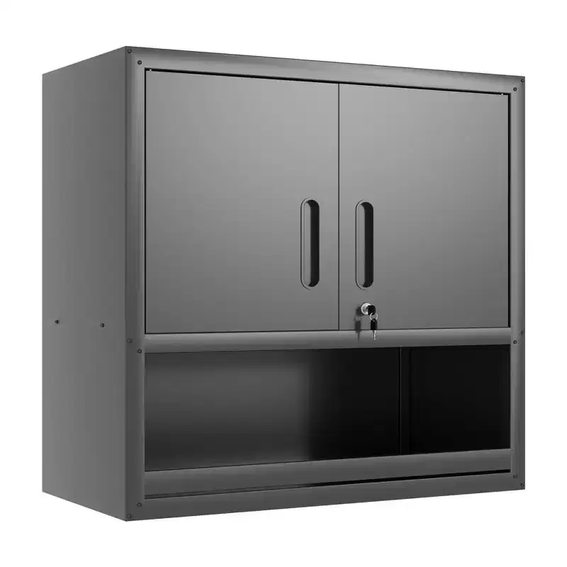 30H Wall-Mounted Steel Cabinet - Locking Doors + Open Drawer + Adjustable Shelf, Cold-Rolled Steel, Garage/Office/Warehouse/Home/School