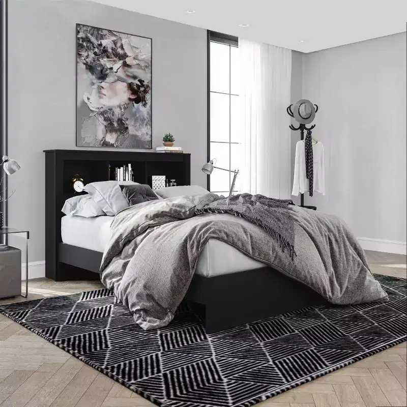 Platform Bed with Bookcase Headboard, 3 Open Shelves & Wood Slats, 500 lb Capacity