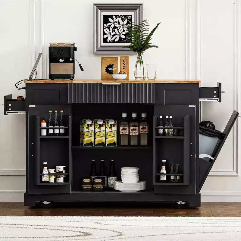 Black Fluted Kitchen Island with Trash Can Storage Cabinet, Rolling on 5 Wheels for 10-Gallon Bin
