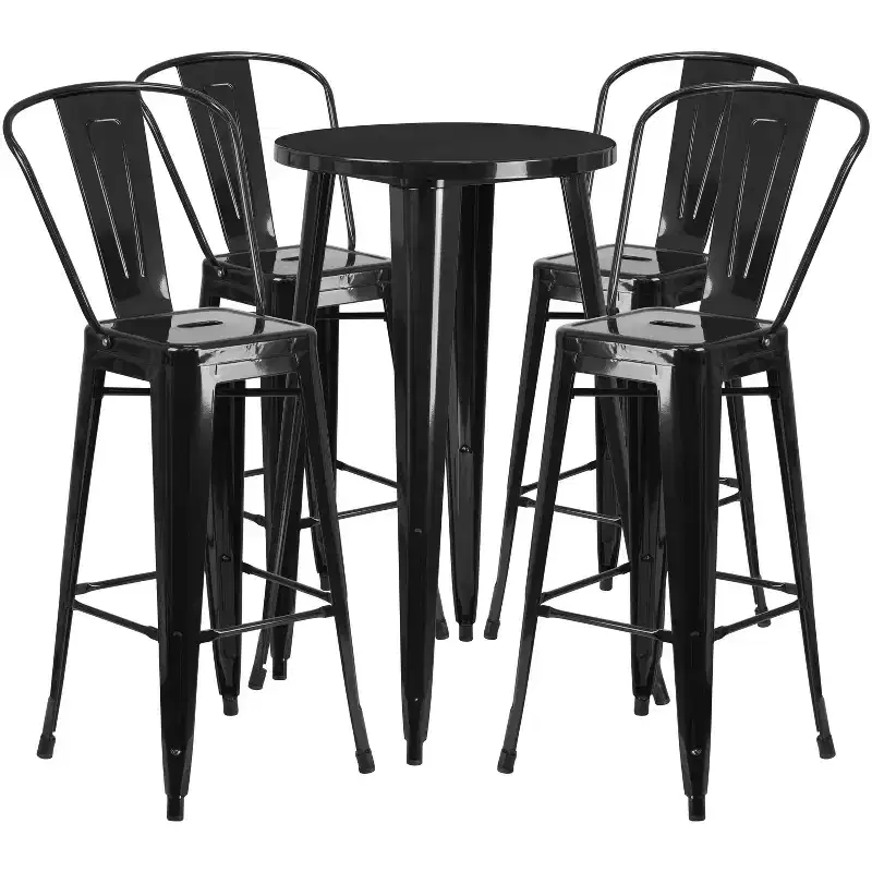 Merrick Lane Outdoor Dining Set with 24 Round Table and Slatted Back Bar Stools with Footrests