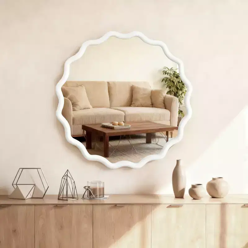 PexFix 30 Wavy Round Solid Wood Frame Decorative Mirror Modern Farmhouse Wall Mirror For Bedroom Bathroom Living Room Entryway White