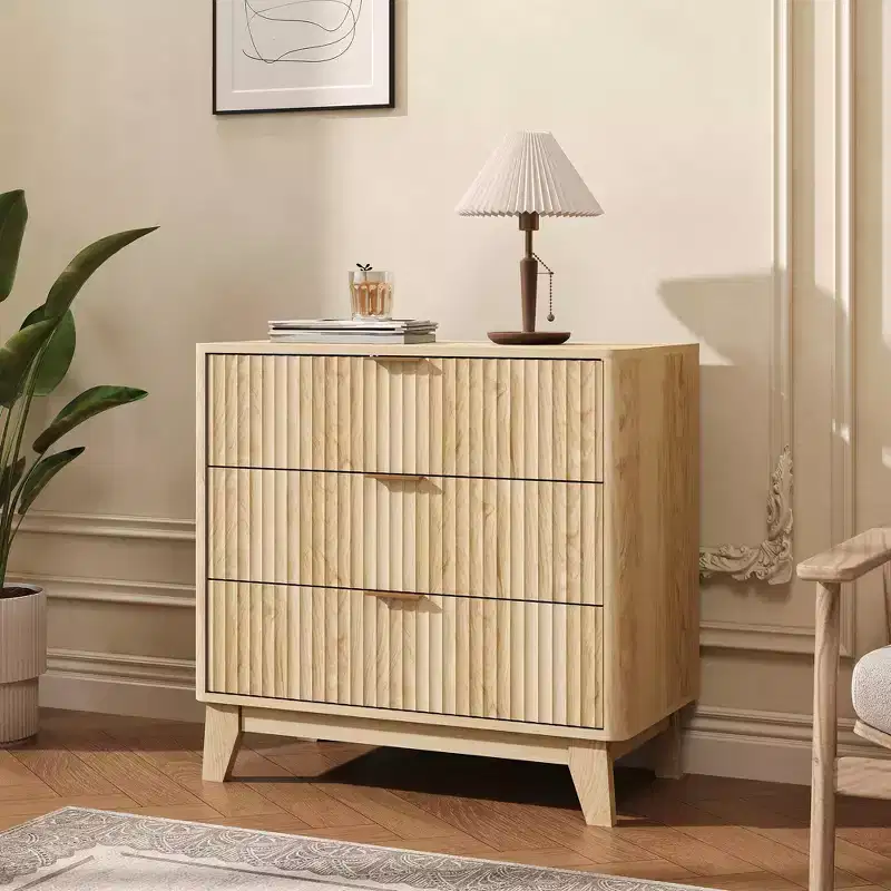 3-Drawer Fluted Nightstand, Modern Side Table with Metal Handles, 27 Wide Natural Oak Storage End Table for Bedroom, Living Room, Closet