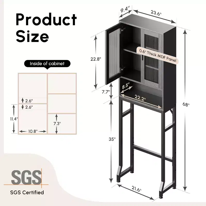 Over The Toilet Storage Cabinet, Bathroom Organizer with Tempered Glass Doors