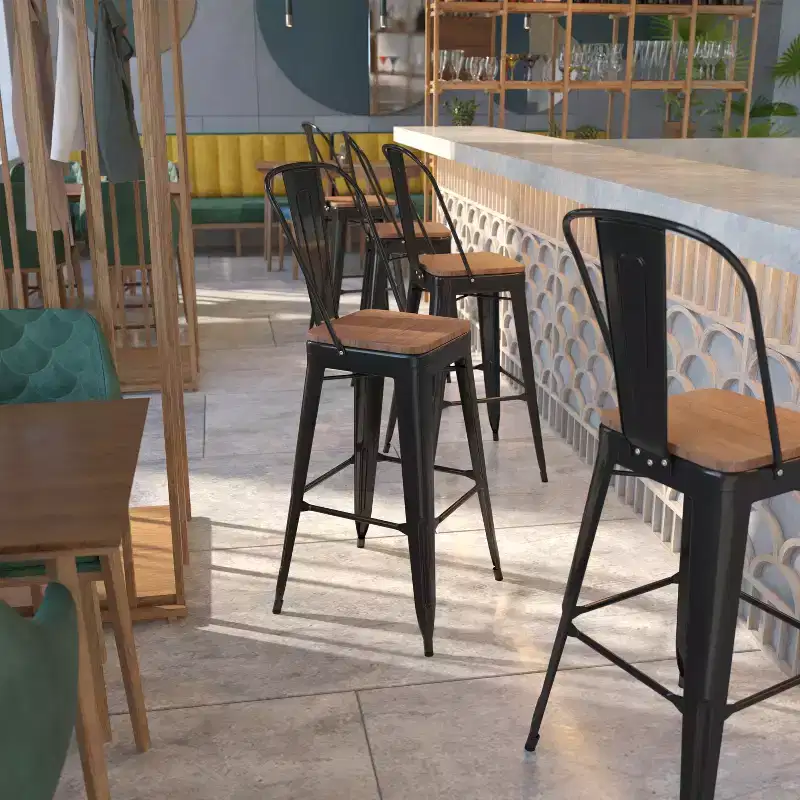 Emma and Oliver 30H Metal Dining Barstool with Back and Square Wood Seat