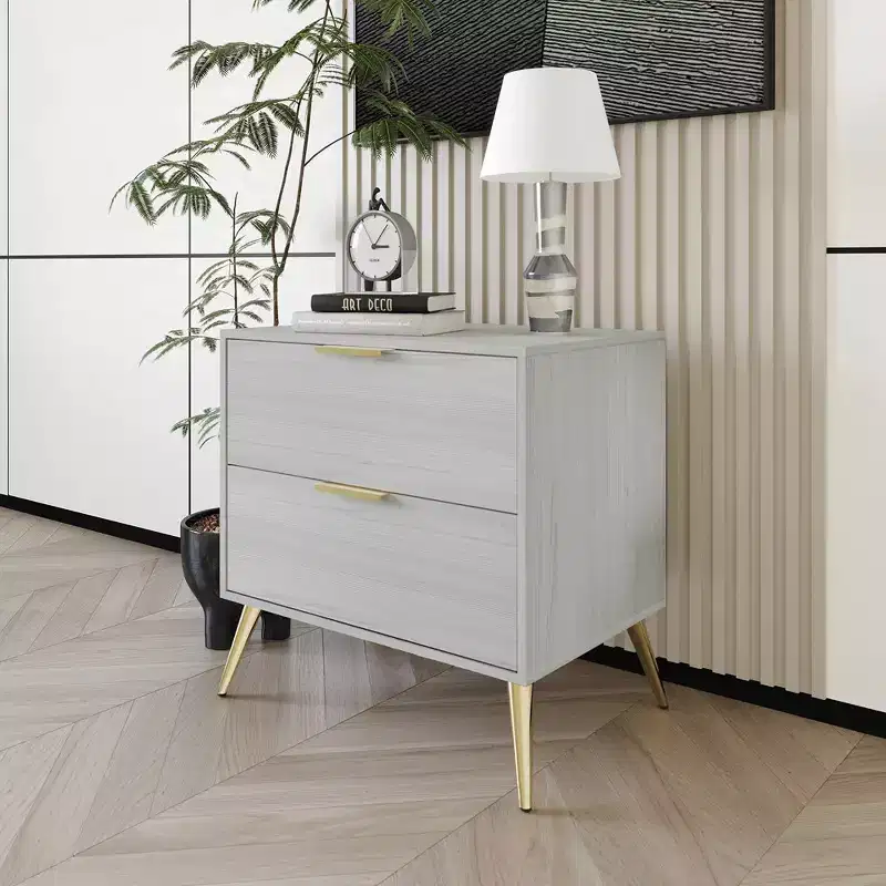 2-Drawer Nightstand with Gold Legs and Handles, Solid Wood