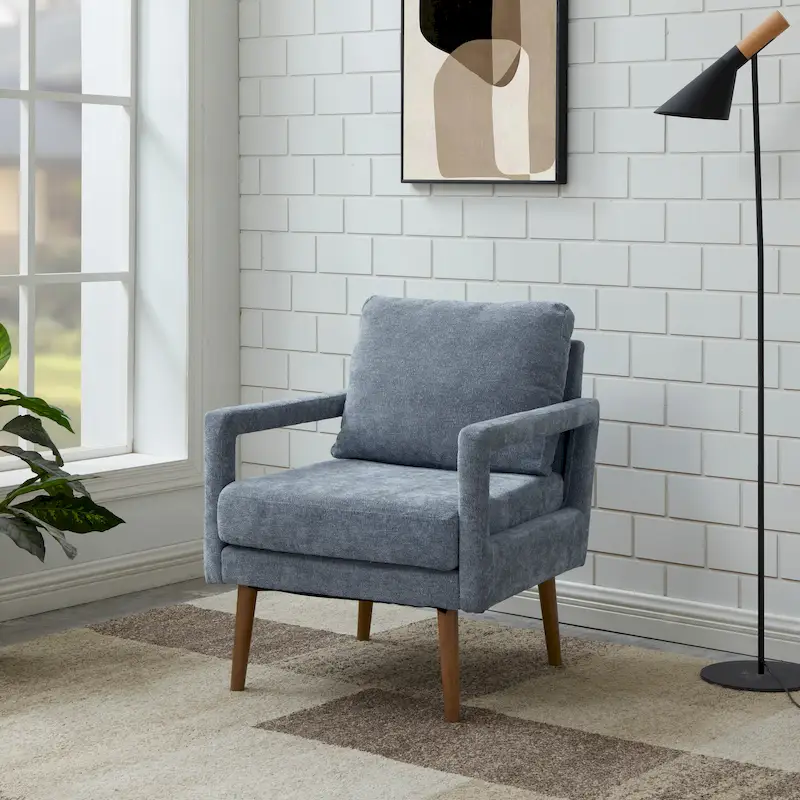 Blue Chenille Upholstered Accent Arm Chair | Mid-Century Modern | Ergonomic Cushion | 25.98 Inch Wide
