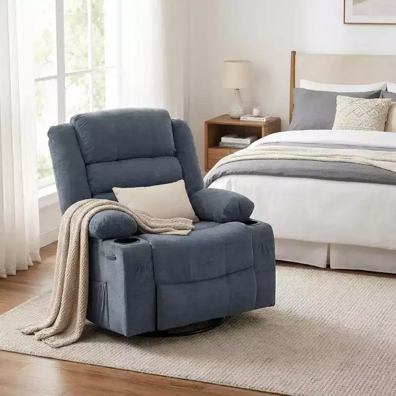 360 Swivel Rocker Recliner - Adult Manual 3-Position Glider Sofa with 2 Cup Holders & 4 Pockets, Nursery/Living Room/Bedroom/Office