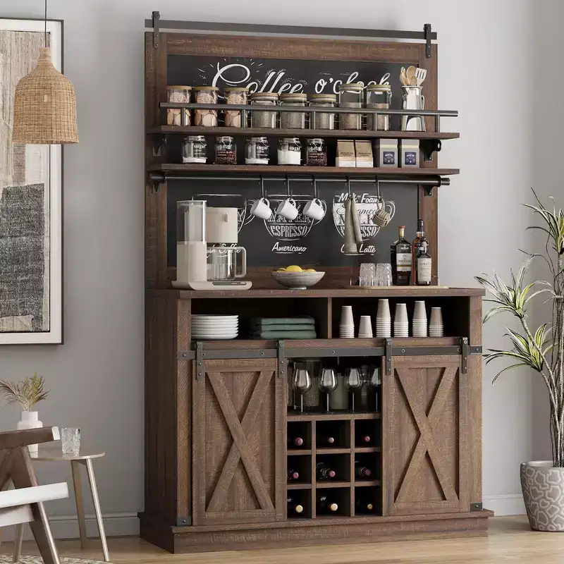 TROPOW Bar Cabinet 75 Tall Coffee Hutch Large Kitchens Hutch Farmhouse Coffee Bar Cabinet Cupboard with Sliding Barn Door
