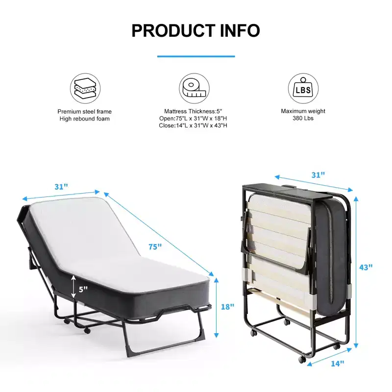Mjkone Adult Folding Bed with Memory Foam Mattress Sleeper Wood Slats,With dust cover,75*32