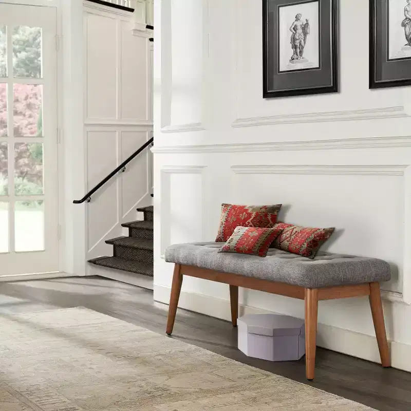 Landon Upholstered Bench Acorn - Crosley: Mid-Century Modern, Tufted, Rubberwood Frame, Linen Upholstery, 2-Seater, 300 lb Capacity