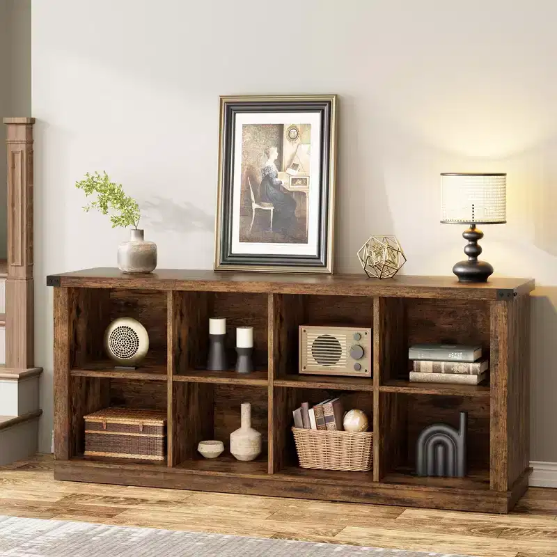 8 Cube Storage Organizer Bookshelf, Farmhouse Horizontal Bookcase, 62 Inch Wood Storage Bookcase for Entryway, Long Low Bookshelves for Living Room