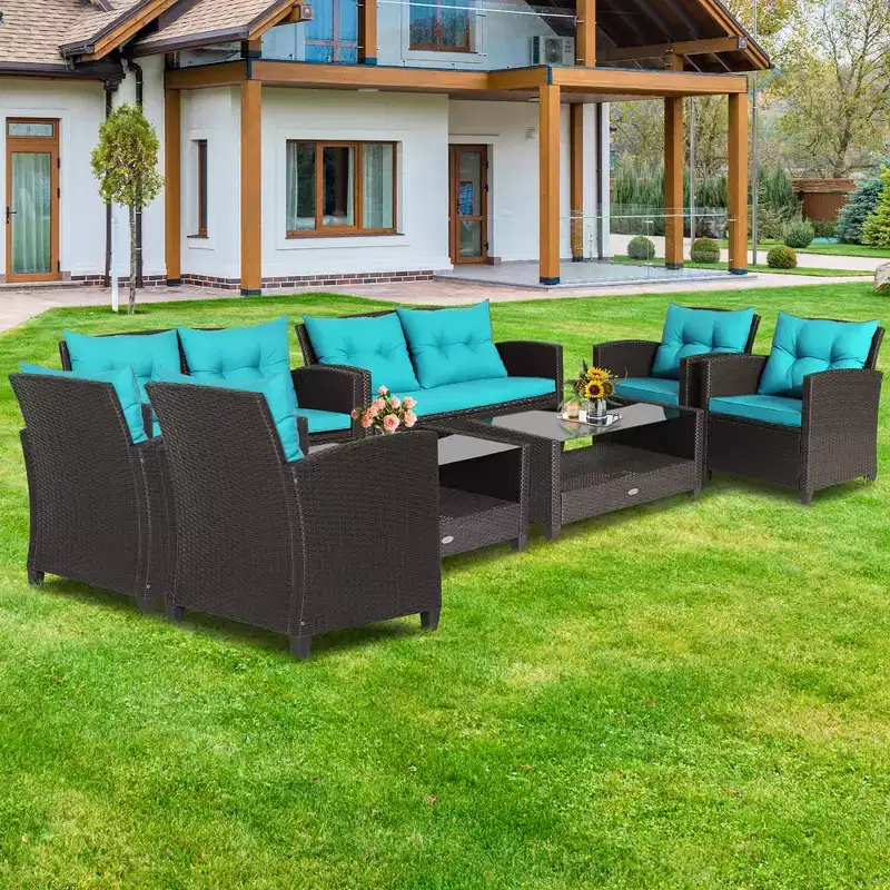 Costway 8 PCS Patio Rattan Furniture Set Glass Table Shelf Sofa Cushion Black/Red/Turquoise/Navy/Gray