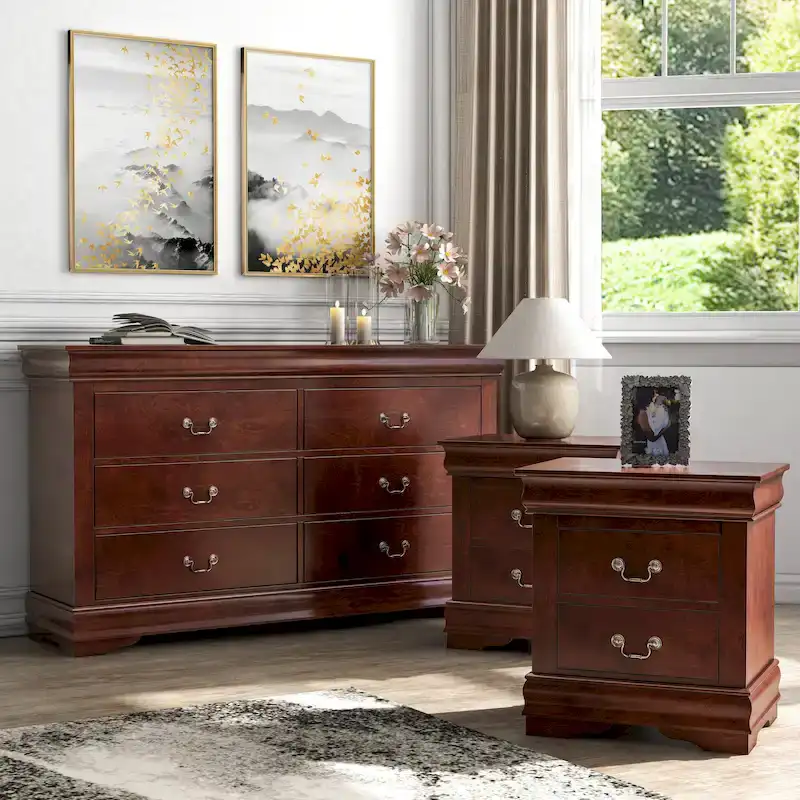 Cherry / Black / White 3-Piece Nightstand & Dresser Set – Traditional Style, 1 Bedroom