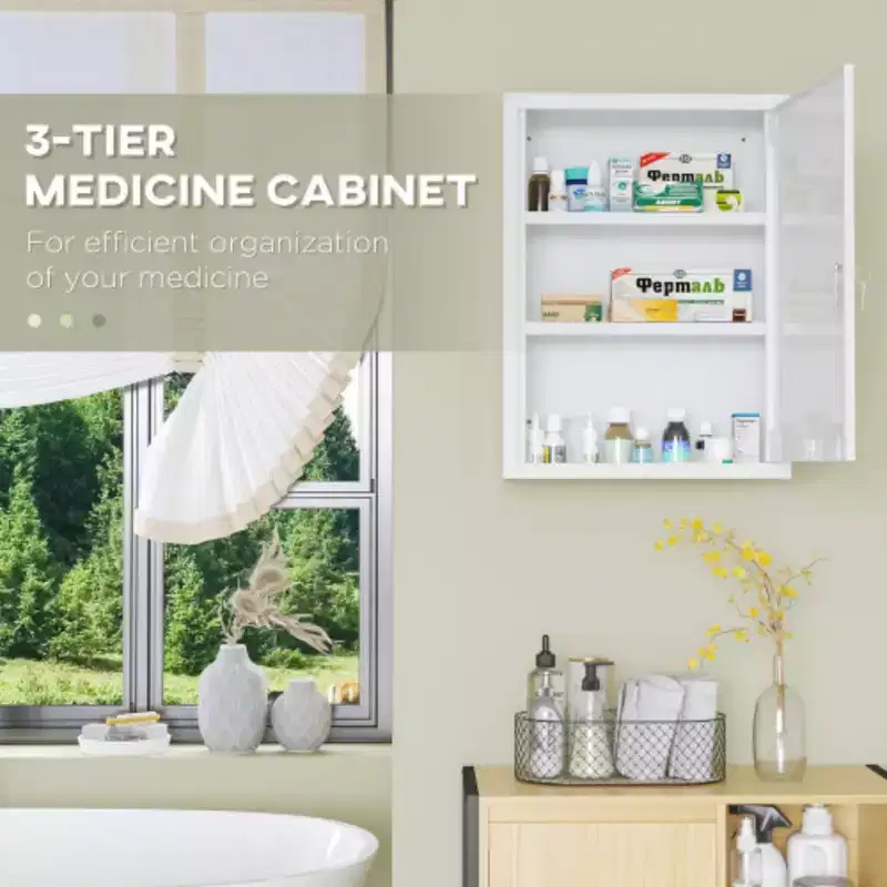 3 Tier Steel Locking Wall Cabinet, 16 x 21 Medicine Cabinet for Bathroom or Kitchen, With 2 Keys
