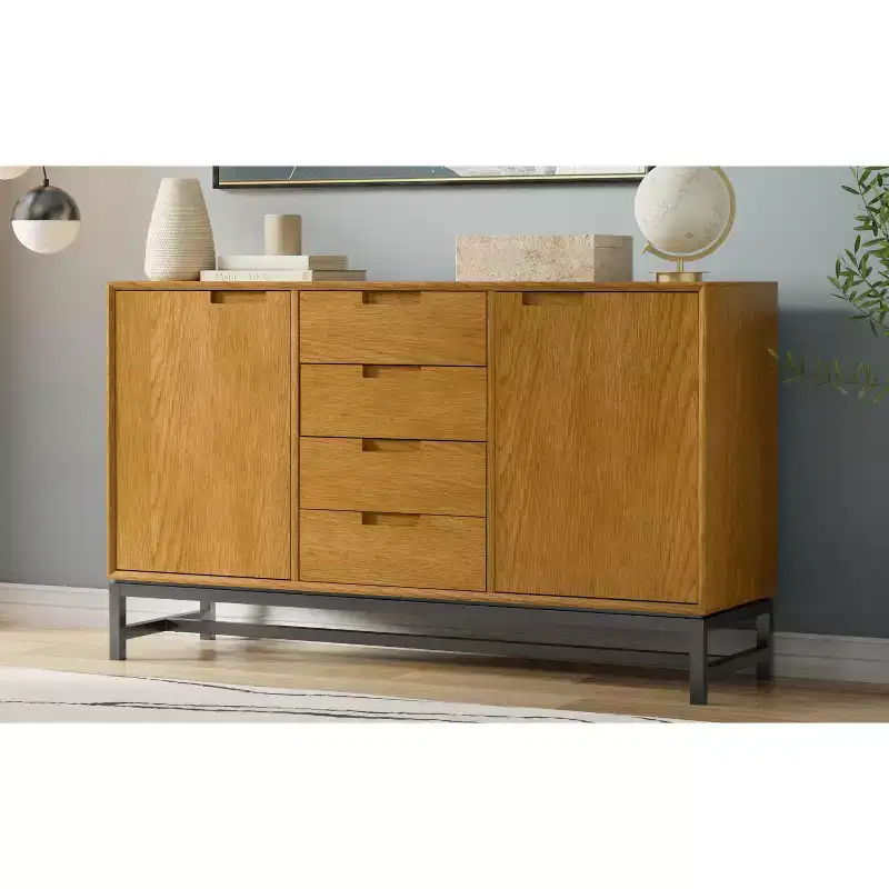 Devlin and Metal 60 inch Wide Rectangle Industrial Sideboard with Centre Drawers in Oak Veneer