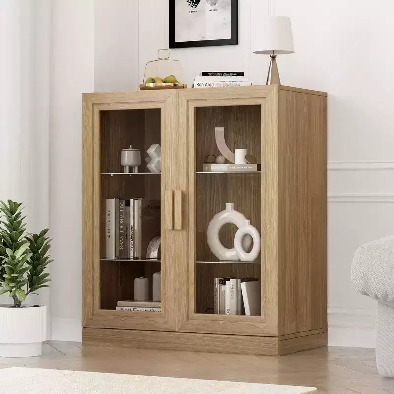 PexFix 36 Modern Wood Bookshelf Storage Cabinet with 2 Glass Door and Adjustable Shelf for Kitchen Bedroom Entryway Living Room Dinning Room Natural