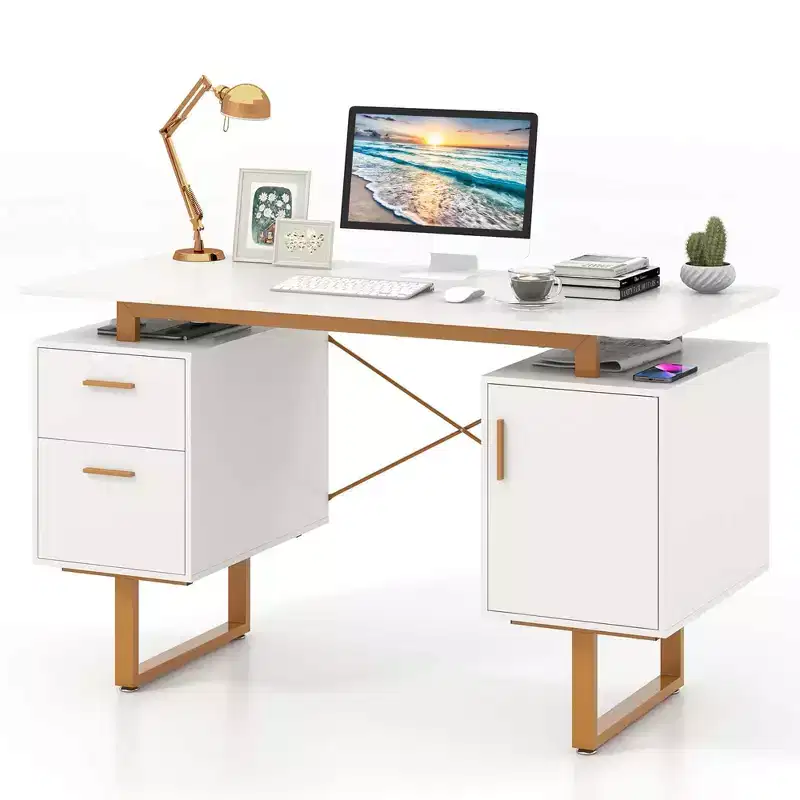 51 Home Office Desk with Floating Desktop Dual Drawers Cabinet & Metal Frame