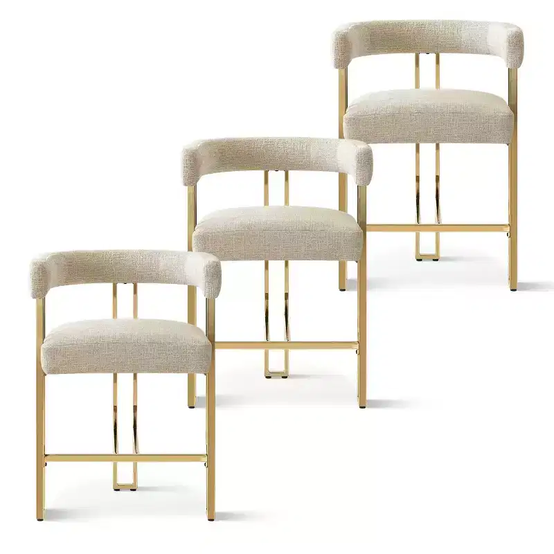 Set of 3 Counter Height Bar Stools with Backs and Arms, Modern Chenille Upholstered Kitchen Island Chairs with Gold Metal Legs - Panipeachy