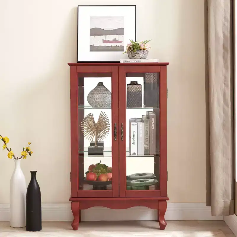 2-Door Curio Cabinet with Tempered Glass Doors, Mirrored Back Panel, Adjustable Shelves, and Light for Home Office