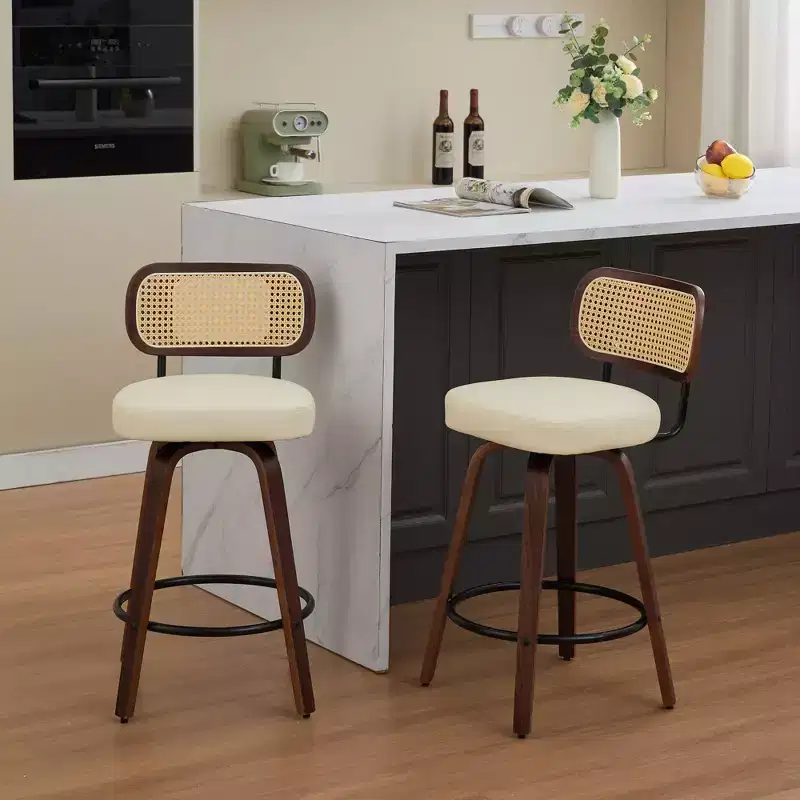 Counter Height Bar Stools - 26 Rattan Counter Height Stools With Cane Back and Upholstered Seat