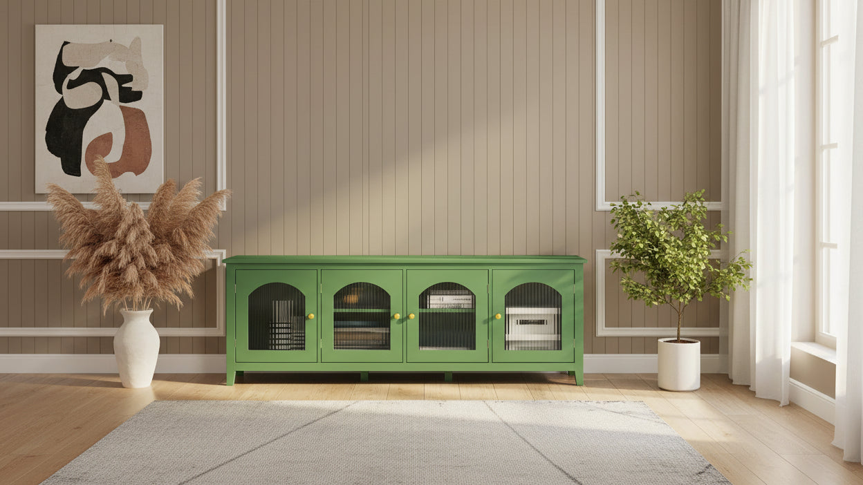 Vintage French Green TV Cabinet, Sideboard Buffet with Glass Doors and Shelves, Accent Coffee Bar Storage Cabinet
