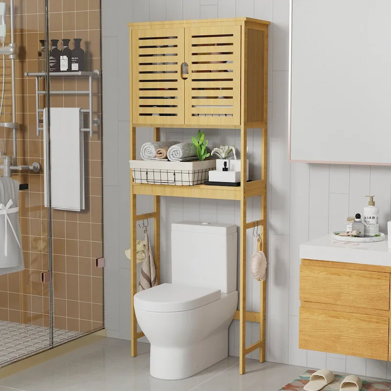 Over-Toilet Bamboo Storage Rack with Cabinet and Open Shelf