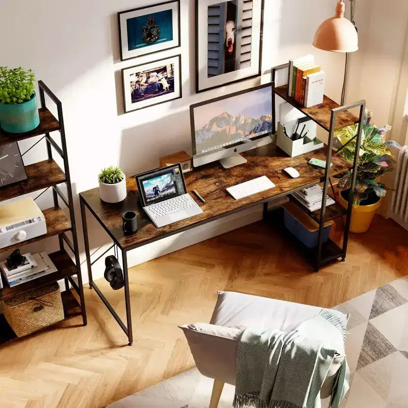 47 inch Reversible Computer Desk with Storage Shelves for Home Office in Rustic Brown