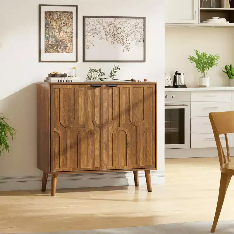 JVNOXK Sideboard Buffet Cabinet with Storage, Farmhouse Buffet Cabinet With Paper Clip Design, Wood Coffee Bar Storage Cabinet for Kitchen, Walnut