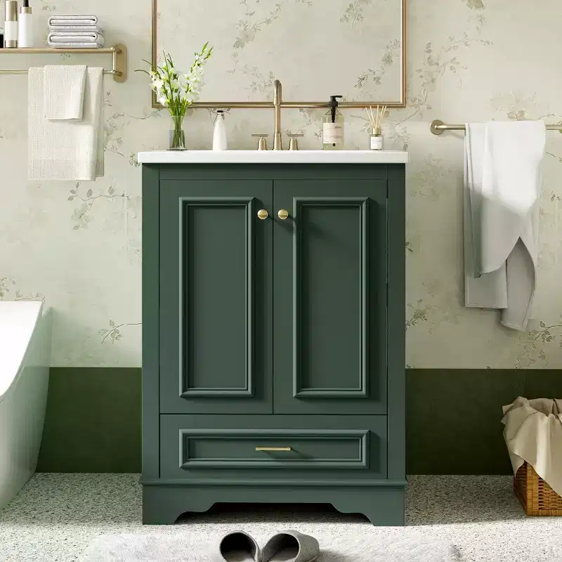 JVNOXK 24'' Bathroom Vanity with Ceramic Sink Combo, Modern Freestanding Storage Cabinet with Silver Handles, Soft Closing Doors-Green