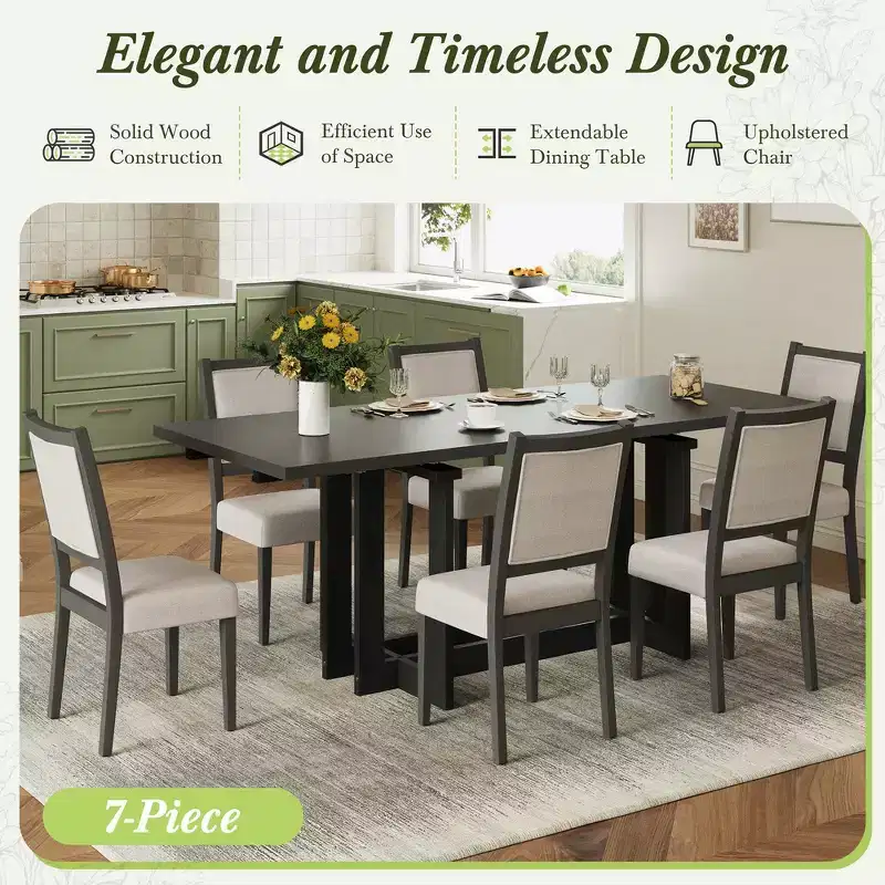 Whisen 7-Piece Rustic Extendable Dining Table Set, 82 Trestle Kitchen Table & 6 Upholstered Dining Chairs with Rubber Wood Legs