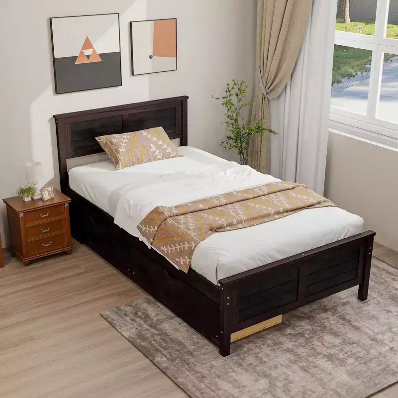 Twin Size Wooden Bed Frame with 2 Storage Drawers & Under-Bed Storage – Espresso