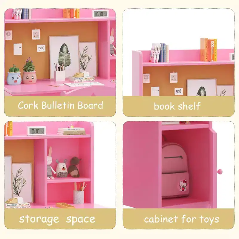 Kids Study Desk & Chair Set, Ergonomic Children's Learning Table with Bookshelf and Organizer, Engineered Wood, Gift for Boys Girls Ages 3-8, Pink