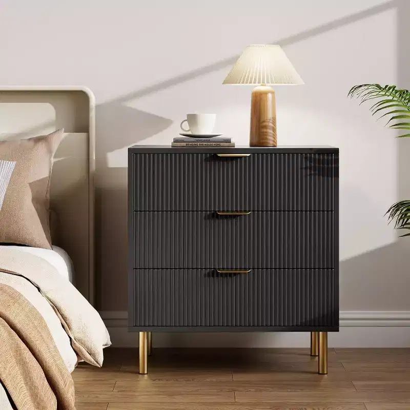 Fluted Wood 3 Drawer Dresser, 28 Wide Modern Chest, Bedroom Storage Organizer with Gold Handle for Living Room Entryway Hallway