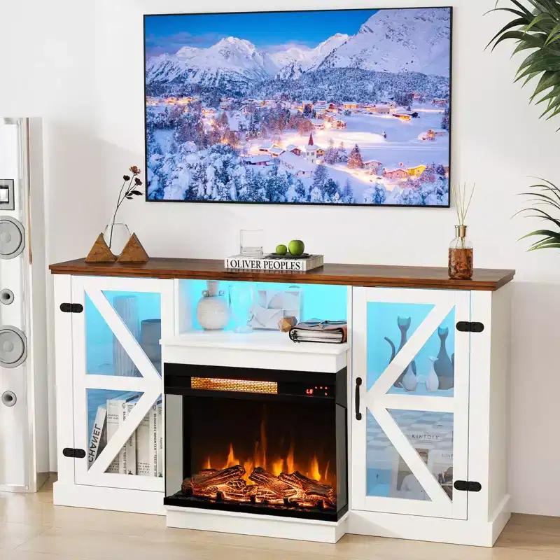 Costway 58 Fireplace TV stand with 23 3-side glass electric fireplace 20 color led lights
