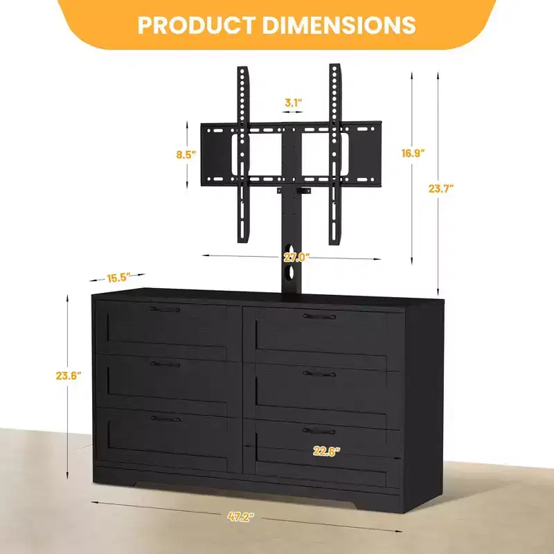 TV Stand with Mount and 6 Drawers Storage for 32/45/55/65/75/80 Inch TVs,Black Entertainment Center for Bedroom,Living Room, Wood Media Console Tables