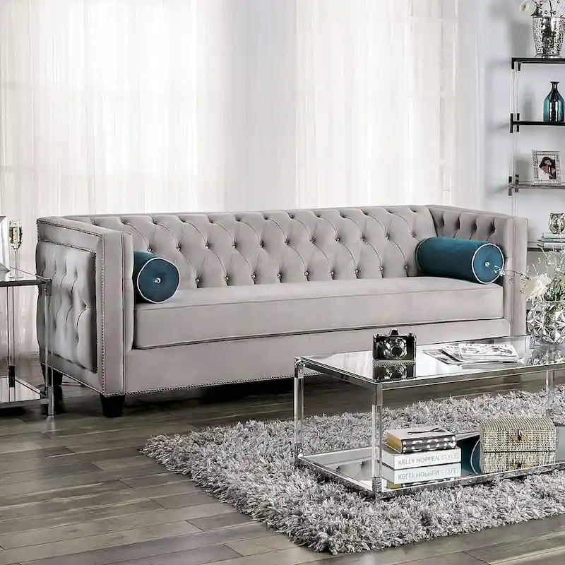 Velvet-like Fabric Sofa with Button Tufted Design in Gray
