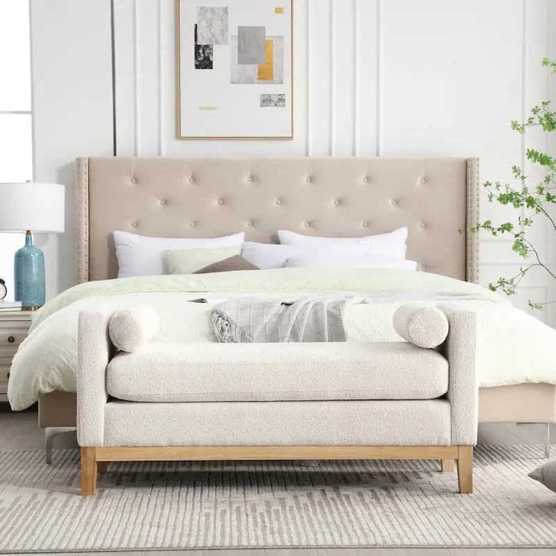 Modern Boucle Upholstered Bedroom Bench With Wood Legs,Entryway Bench