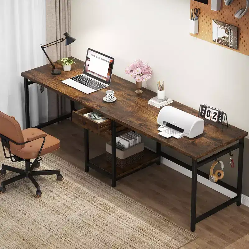 Lantine 79-Inch Two Person Desk, Double Desk with 2 Drawers and Storage Shelves, Large Computer Desk for Home Office, Rustic Brown