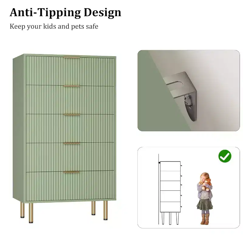 5 Drawer Dresser, Tall Modern Chest with Fluted Panels & Wide Gold Handles, Bedroom Storage Organizer for Closet, Living Room, Entryway