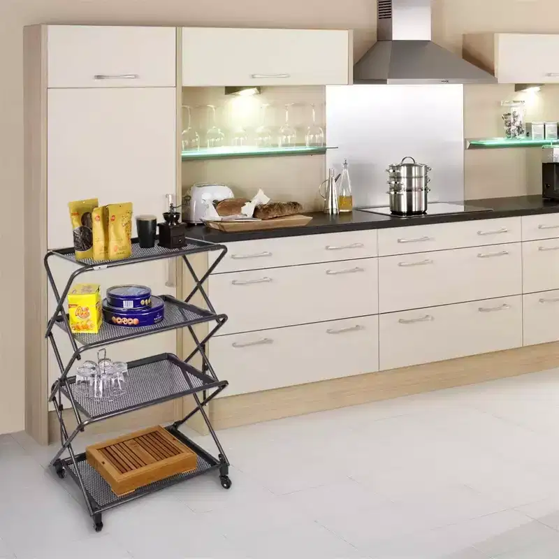 4-Tier Foldable Steel Shelf with Casters, Powder-Coated, Removable Mesh Trays, 39