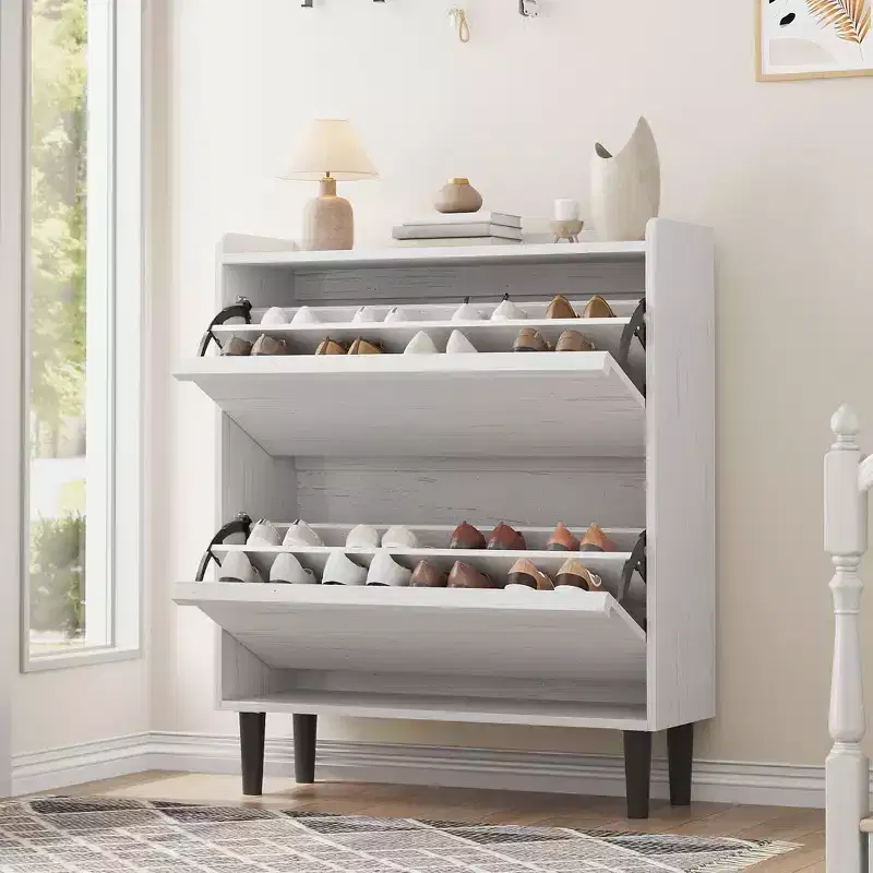 Narrow Freestanding Wooden Shoe Rack, Hidden Shoe Cabinet, Shoe Cabinet with Drawers and Adjustable Shelf for Entryway, Hallway, Living Room