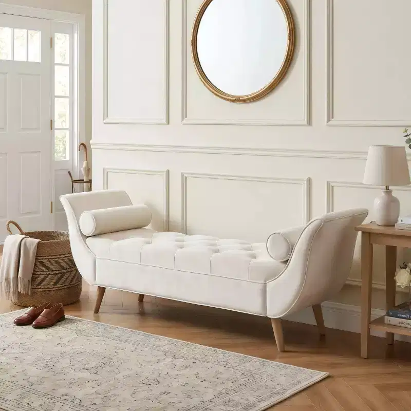 Whisen End of Bed Bench, Storage Ottoman, Entryway Bench with Tufted Velvet, Rolled Arms, 2 Detachable Pillows, Solid Oak Legs, Easy Assembly