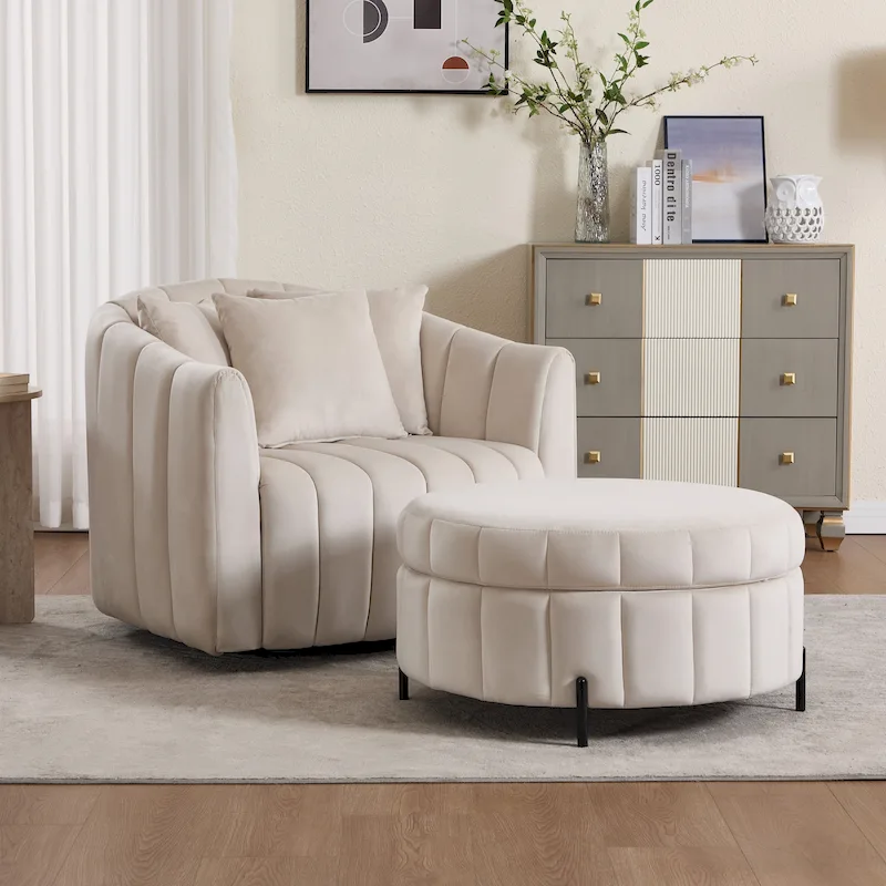 Beige / Green / Black / Navy Velvet 360° Swivel Barrel Accent Chair with Storage Ottoman for 1 Person