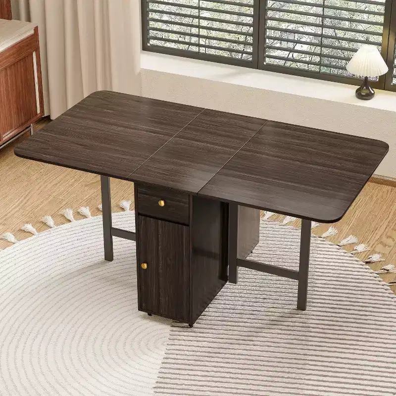 ATJafurn White 59'' Foldable Dining Table for Small Space, Rectangular Wood Extendable Kitchen Table with Drop Leaves
