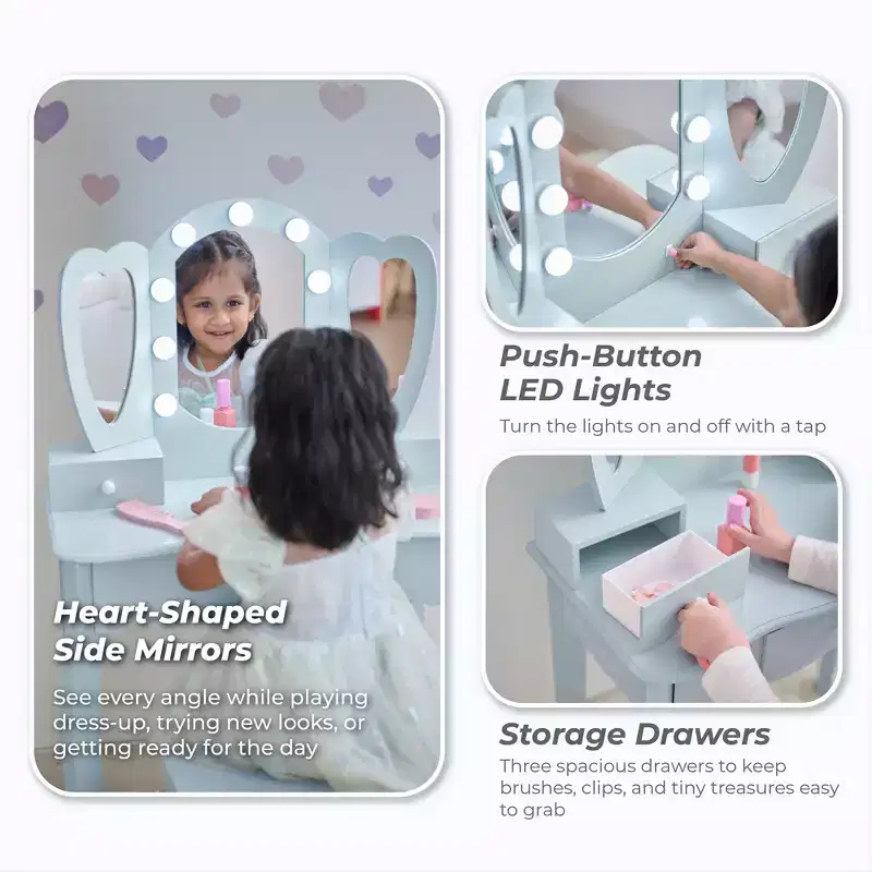 Teamson Kids Heart Glow Wooden Vanity Set with LED Lights Mirror & Stool